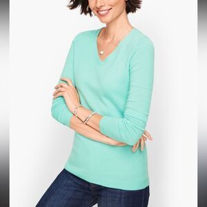 Claudia Nichole Cashmere Aqua V-Neck 7/8 Sleeve Sweater Size L